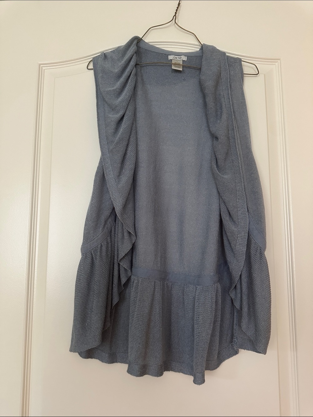 Cache Light Blue Ruffled Knit Open Front Vest